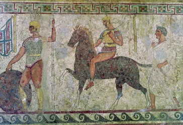 Cavalryman and a Foot Soldier, Tomb Painting from Paestum